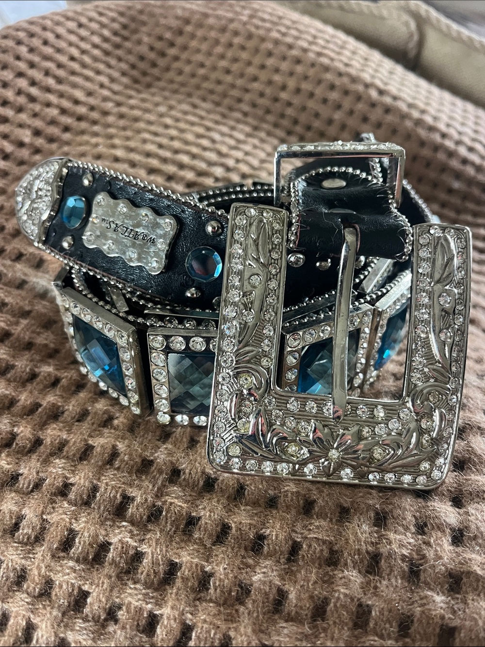WB Atlas western blue & clear crystal studded Texas rodeo show belt